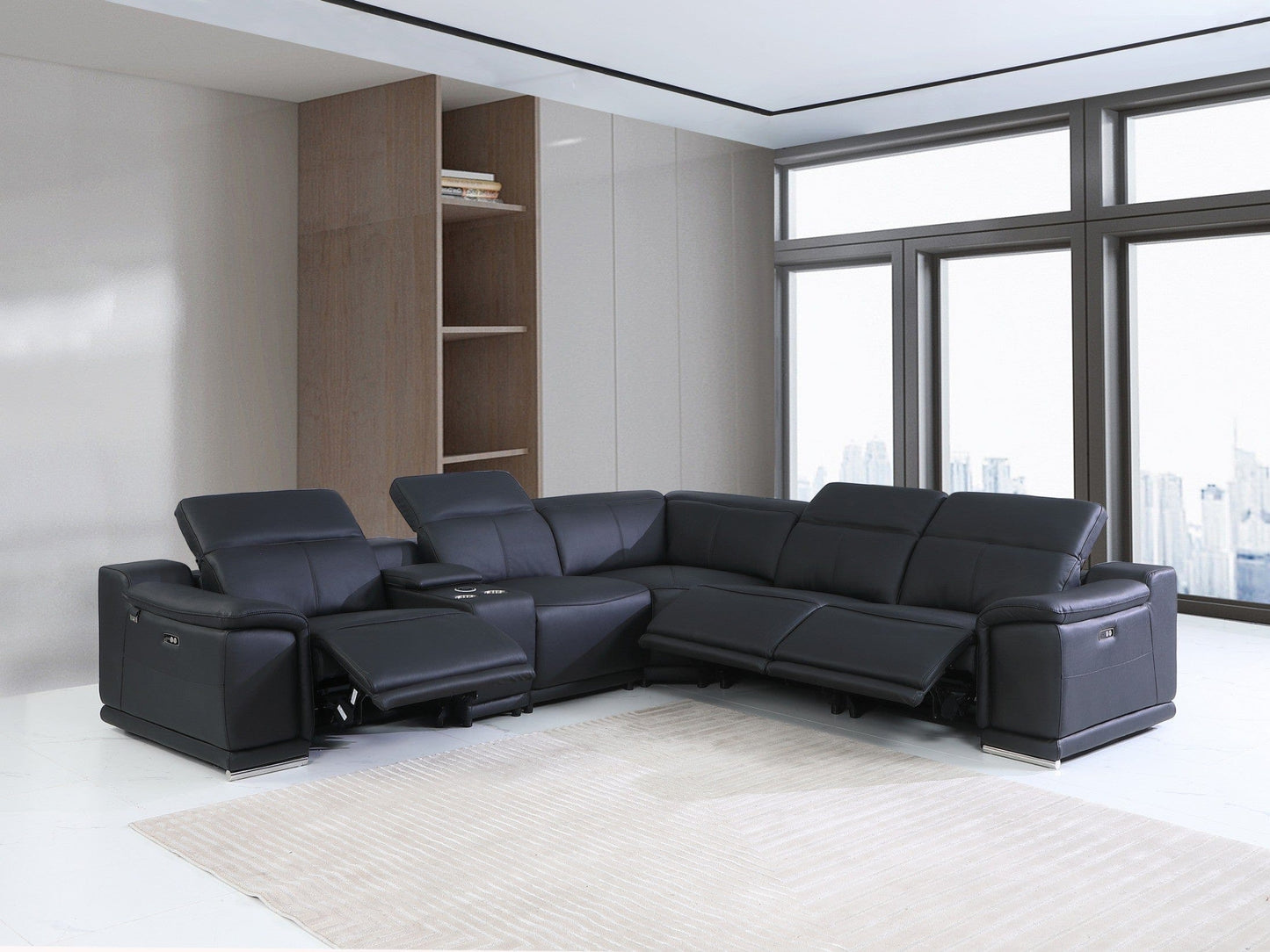 by Global United Sofa 6PC Sectional | 3 Power Reclining / Black Global United 9762 - Divanitalia 3-Power Reclining 6PC Sectional w/ 1-Console