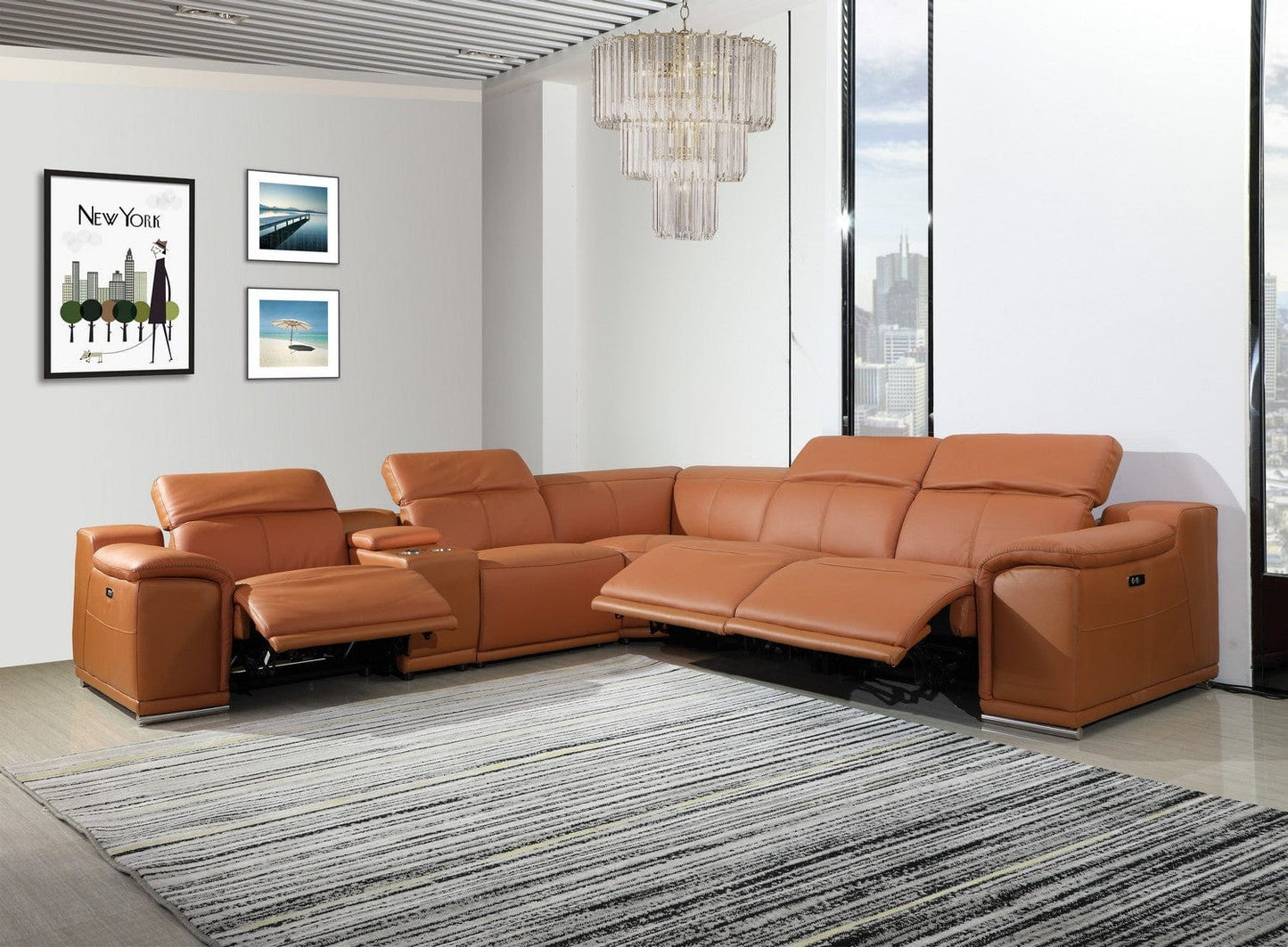 by Global United Sofa 6PC Sectional | 3 Power Reclining / Camel Global United 9762 - Divanitalia 3-Power Reclining 6PC Sectional w/ 1-Console