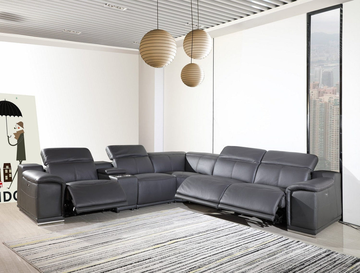 by Global United Sofa 6PC Sectional | 3 Power Reclining / Dark Gray Global United 9762 - Divanitalia 3-Power Reclining 6PC Sectional w/ 1-Console
