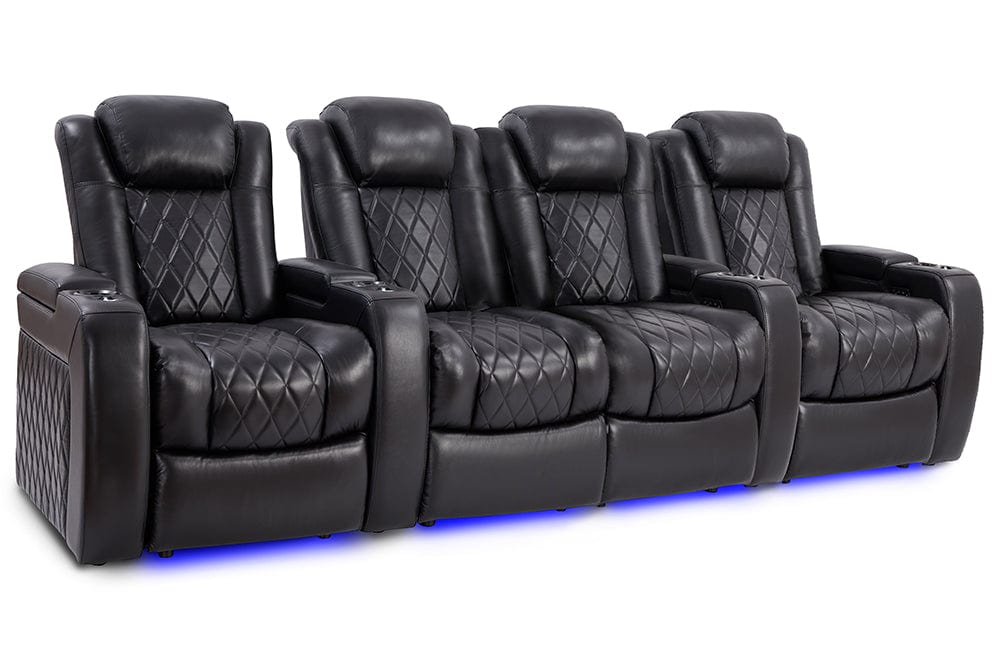 by Valencia Seating Sofa Row of 4 – Loveseat Center | Width: 112" Height: 43.5" Depth: 39.25" / Midnight Black Valencia Tuscany Slim Home Theater Seating