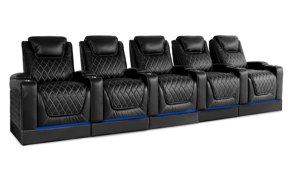 by Valencia Seating Sofa Row of 5 | Width: 161.75” Height: 49.75” Depth: 38” / Midnight Black Valencia Oslo Theater Seating With Risers