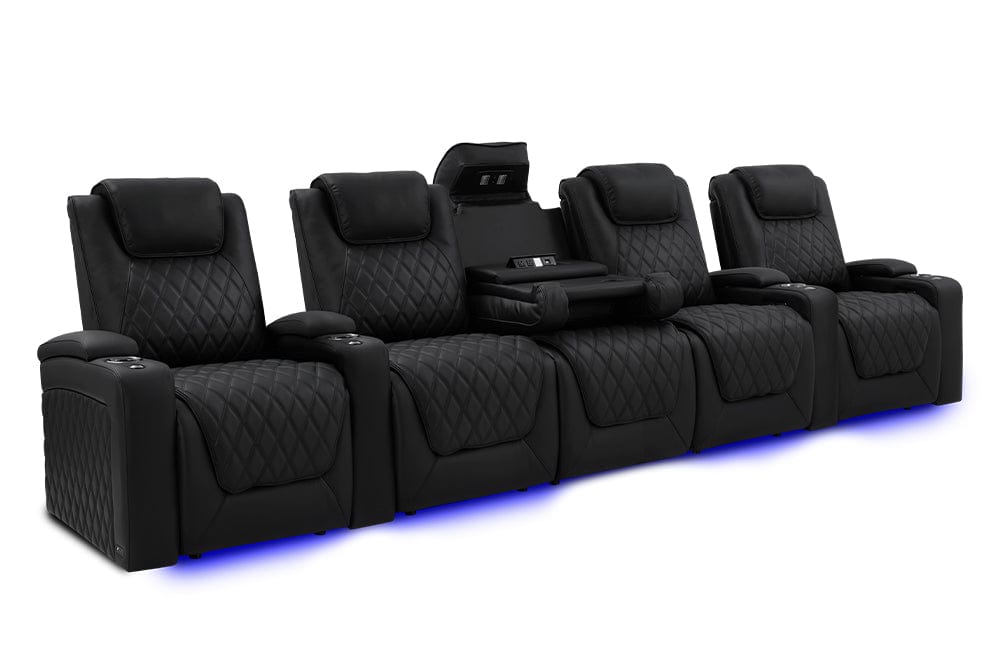 by Valencia Seating Sofa Row of 5 with Dropdown Center | Width: 148.25" Height: 44.5" Depth: 39" / Onyx Valencia Oslo Luxury Console Edition