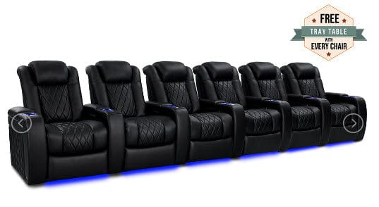 by Valencia Seating Sofa Row of 6 | Width: 191.25" Height: 43.5" Depth: 39.75" / Midnight Black Valencia Tuscany Heat & Massage Home Edition