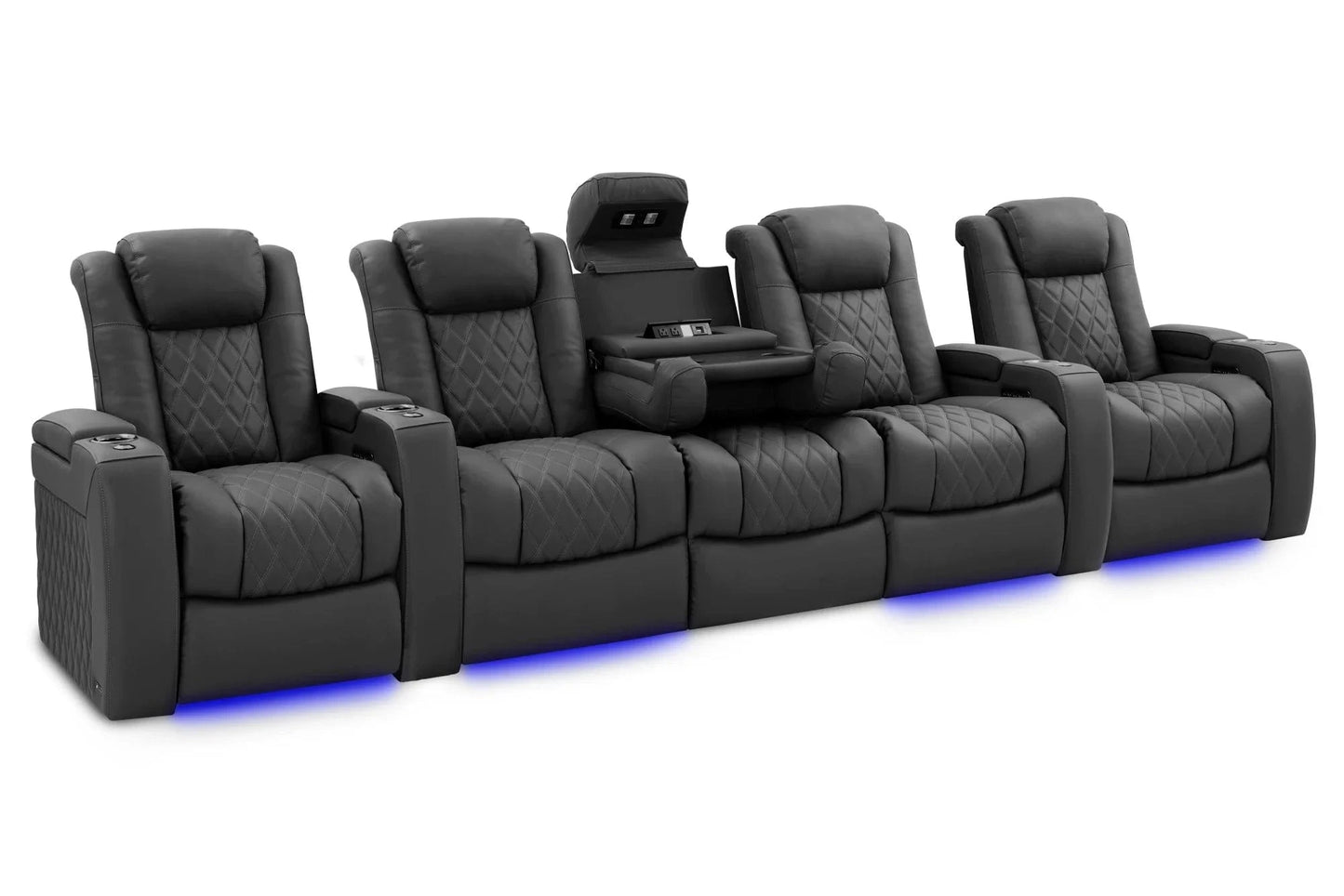 Valencia Theater Seating Sofa Row of 5 with Dropdown Center | Width: 160.5" Height: 43.5" Depth: 40" / Graphite Valencia Tuscany Luxury Console Edition