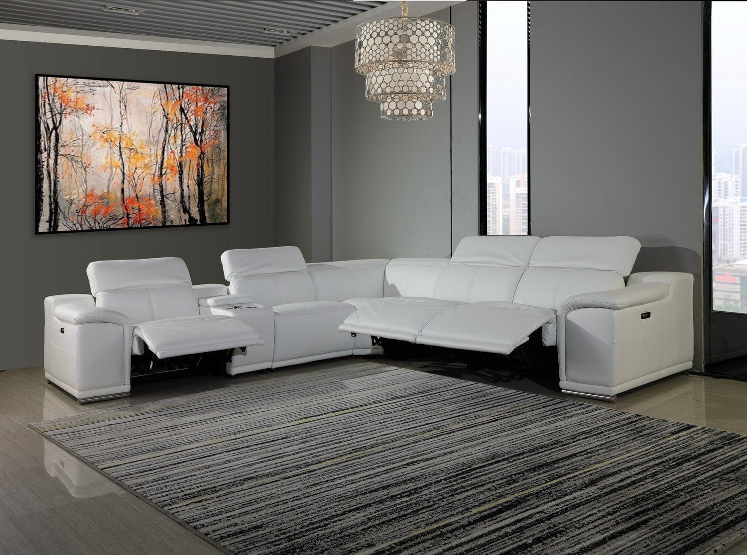 by Global United Sofa 6PC Sectional | 3 Power Reclining / White Global United 9762 - Divanitalia 3-Power Reclining 6PC Sectional w/ 1-Console
