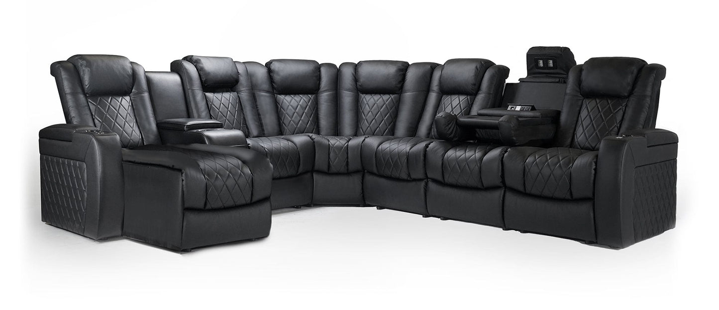 by Valencia Seating Sofa Powered Chaise Left with Drop-Down Center Right / Black Tuscany Multimedia Sectional