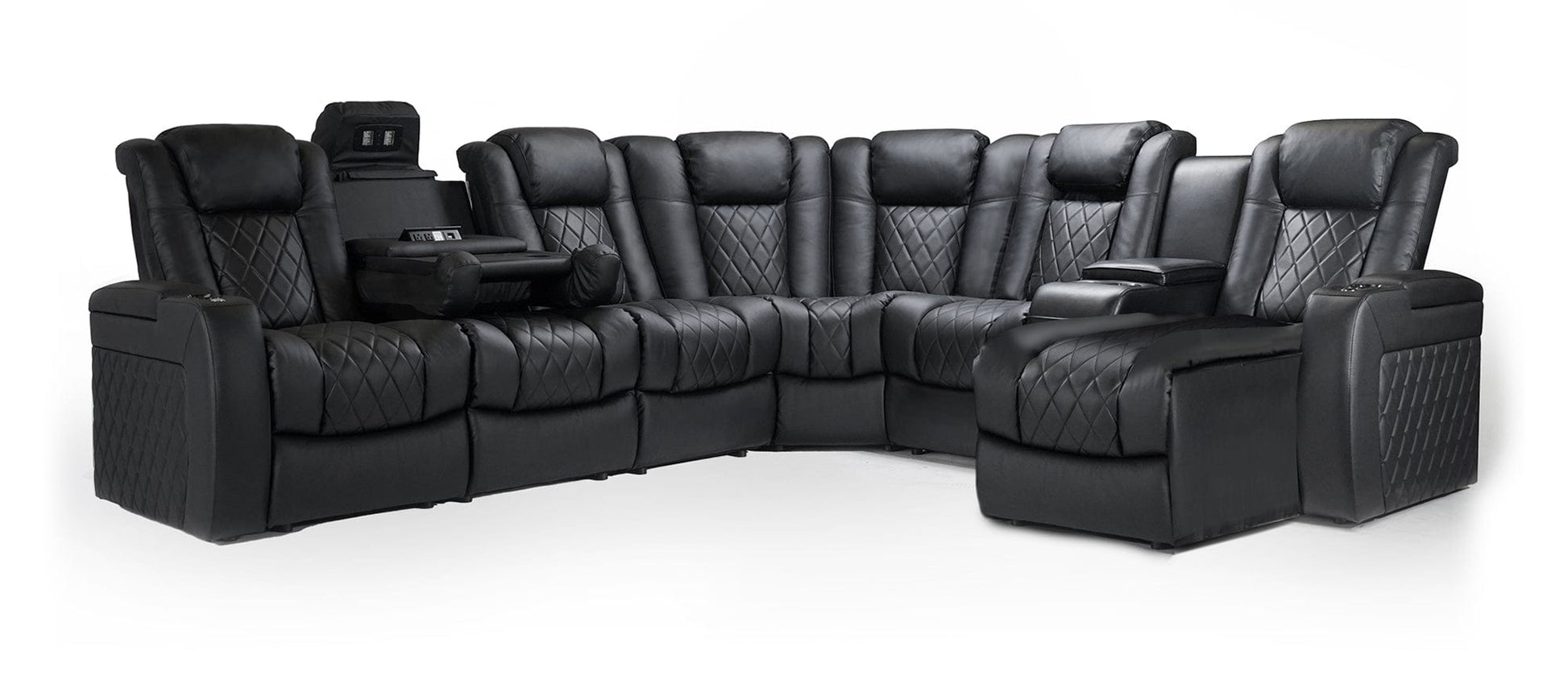 by Valencia Seating Sofa Powered Chaise Right with Drop-Down Center Left / Black Tuscany Multimedia Sectional