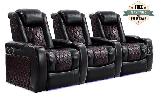 by Valencia Seating Sofa Row of 3 | Width: 99" Height: 43.5" Depth: 39.25" / Sports Edition - Black with Red Stitching Valencia Tuscany Home Theater Seating