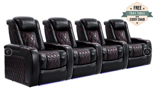 by Valencia Seating Sofa Row of 4 | 129.75" Height: 43.5" Depth: 39.25" / Sports Edition - Black with Red Stitching Valencia Tuscany Home Theater Seating