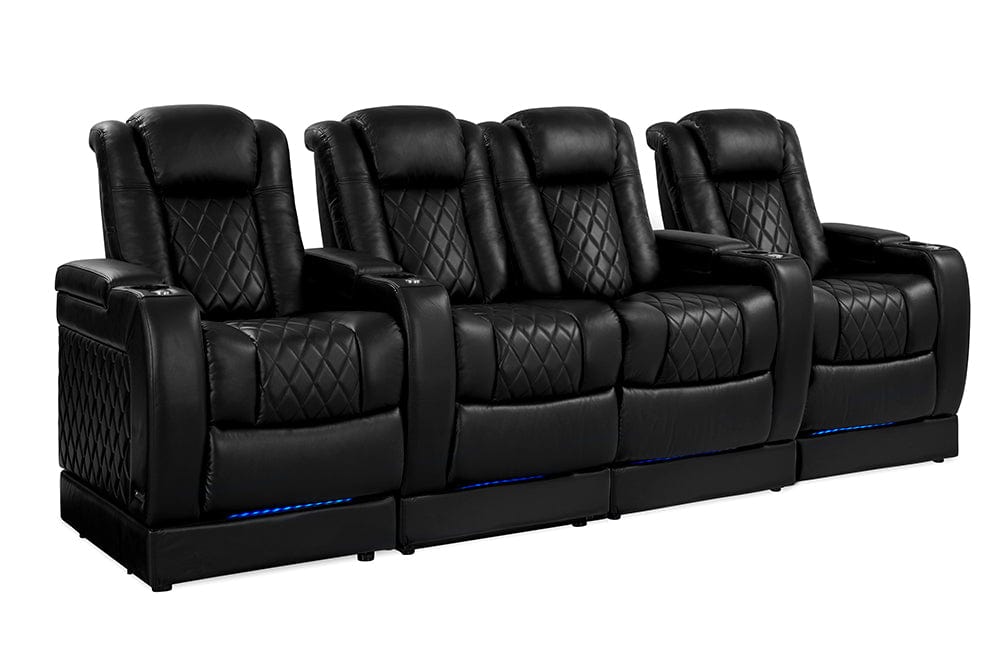 by Valencia Seating Sofa Row of 4 Loveseat Center | Width: 123.75” Height: 50.5” Depth: 39.75” / Midnight Black Valencia Tuscany Theater Seating With Risers