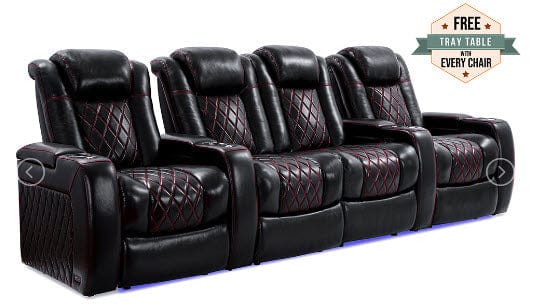 by Valencia Seating Sofa Row of 4 – Loveseat Center | Width: 123" Height: 43.5" Depth: 39.25" / Sports Edition - Black with Red Stitching Valencia Tuscany Home Theater Seating