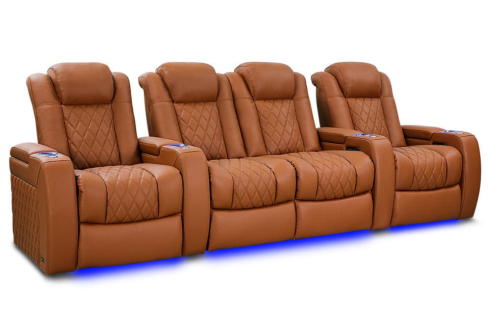 by Valencia Seating Sofa Row of 4 – Loveseat Center | Width: 123" Height: 43.5" Depth: 39.75" / Royal Cognac Valencia Tuscany Ultimate Edition