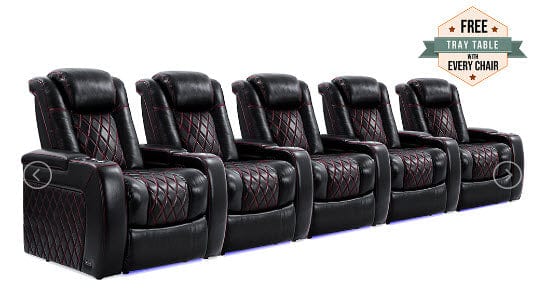 by Valencia Seating Sofa Row of 5 | Width: 160.5" Height: 43.5" Depth: 39.25" / Sports Edition - Black with Red Stitching Valencia Tuscany Home Theater Seating