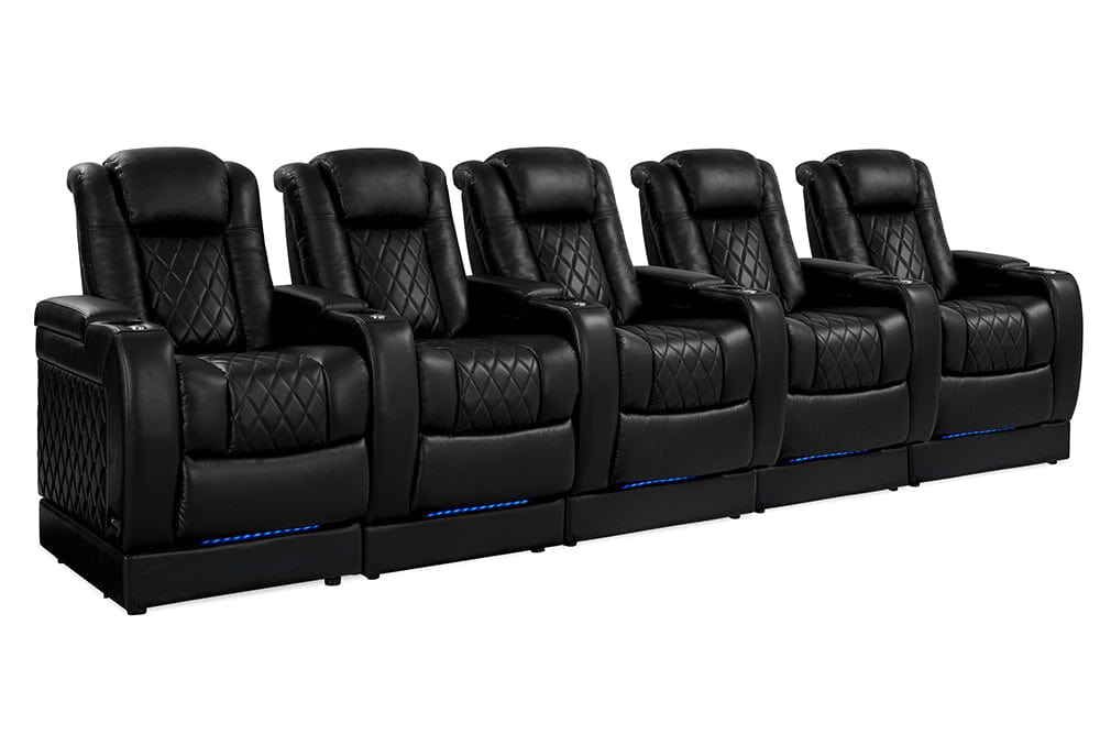 by Valencia Seating Sofa Row of 5 | Width: 160.5” Height: 50.5” Depth: 39.75” / Midnight Black Valencia Tuscany Theater Seating With Risers