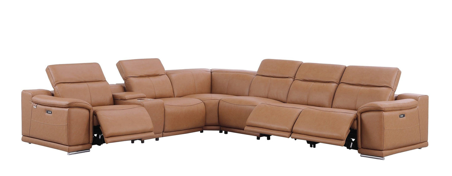 Global United Furniture Sofa 7PC Sectional | 3 Power Reclining / Cognac Global United 9762 - Divanitalia Power Reclining 7PC Sectional w/ 1-Console