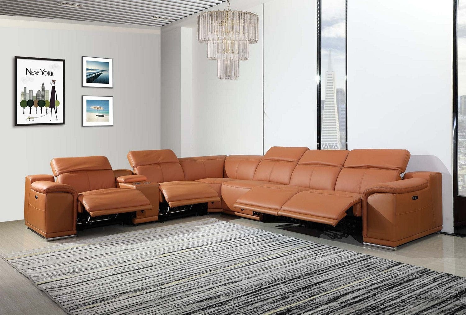 Global United Furniture Sofa 7PC Sectional | 4 Power Reclining / Camel Global United 9762 - Divanitalia Power Reclining 7PC Sectional w/ 1-Console