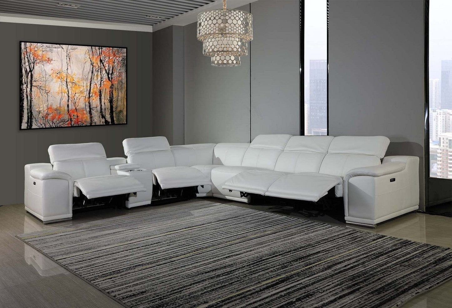 Global United Furniture Sofa 7PC Sectional | 4 Power Reclining / White Global United 9762 - Divanitalia Power Reclining 7PC Sectional w/ 1-Console