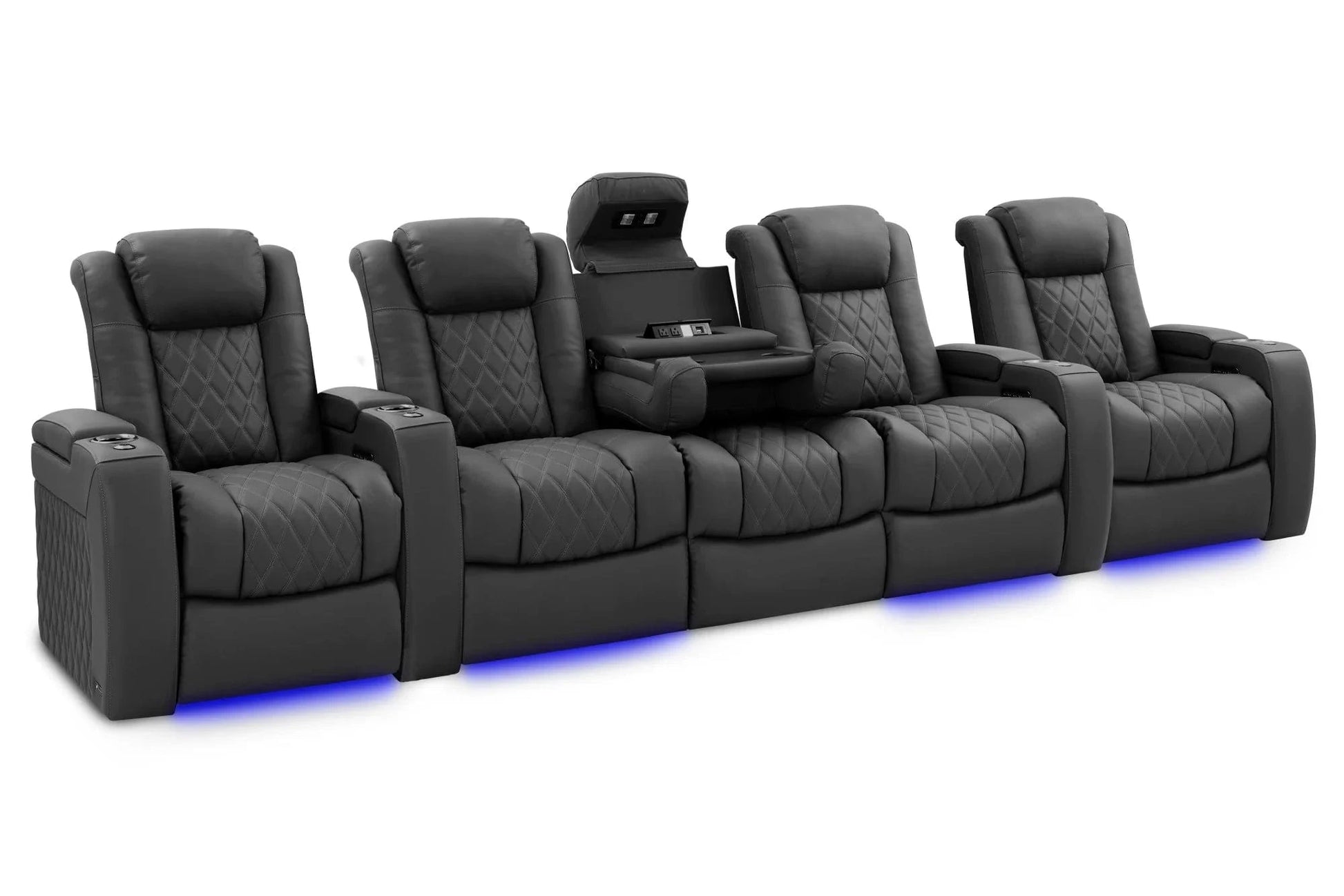 Valencia Theater Seating Sofa Row of 5 with Dropdown Center | Width: 160.5" Height: 43.5" Depth: 40" / Graphite Valencia Tuscany Luxury Console Edition